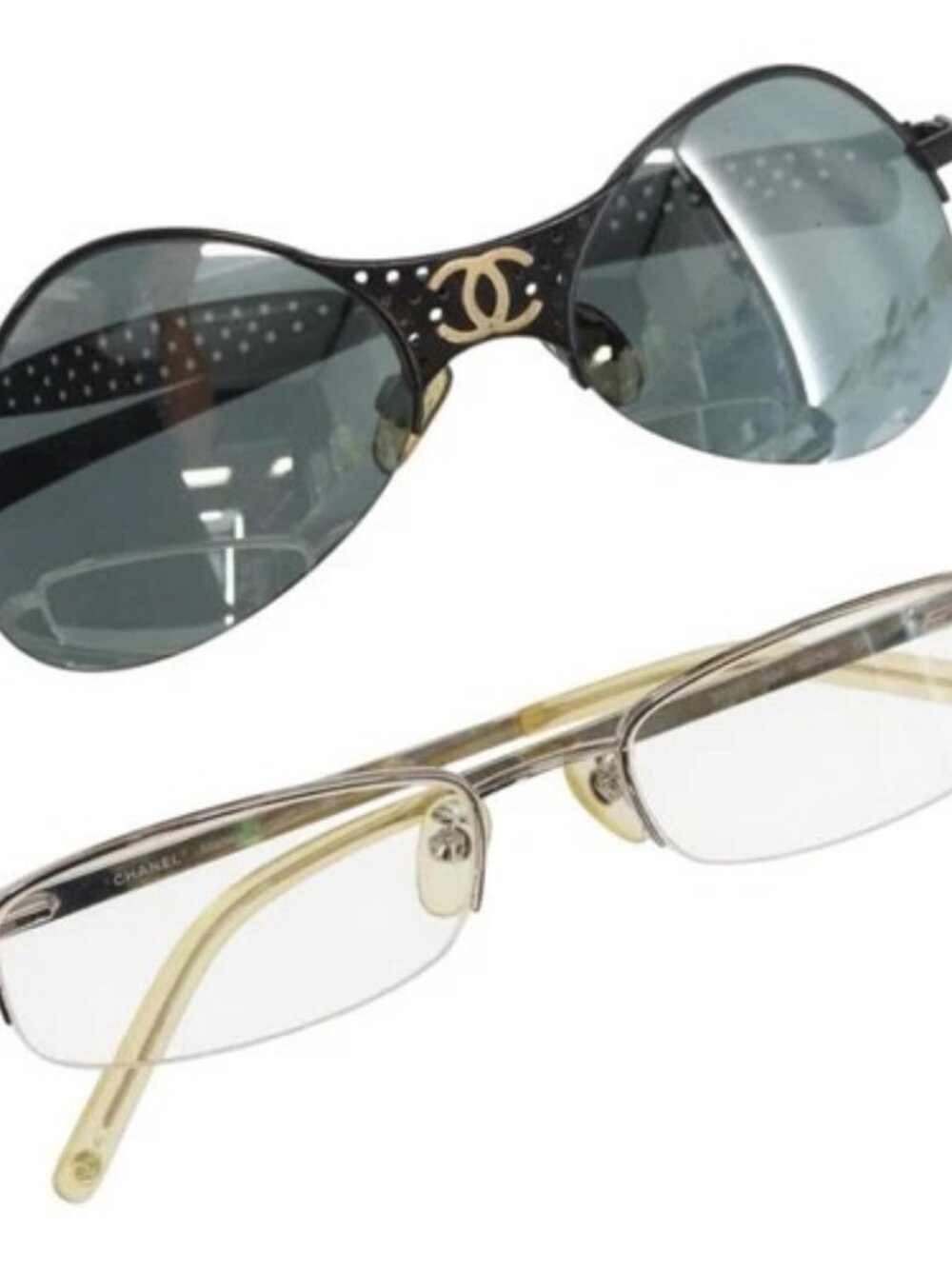 CHANEL Sunglasses plastic 2 Set Black Beige CC Auth bs32905